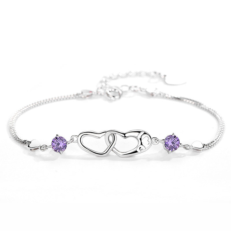Mother And Daughter Birthstone Custom Double Diamond & Heart Bracelet
