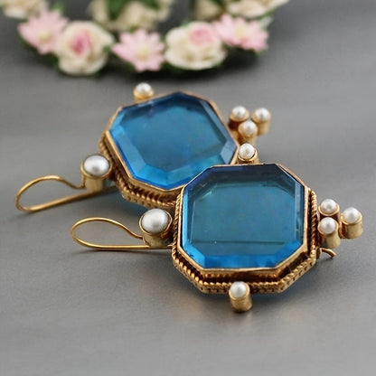 Vintage Blue Glass Accents Fleur De Lis Dangle Earrings