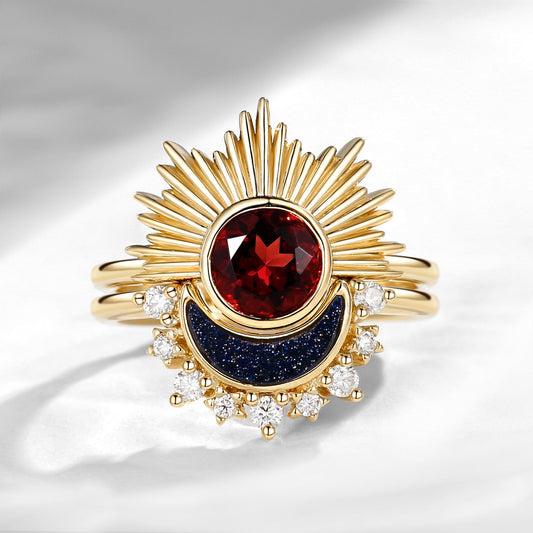 Retro Sun & Moon Engagement Ring Set 2pcs