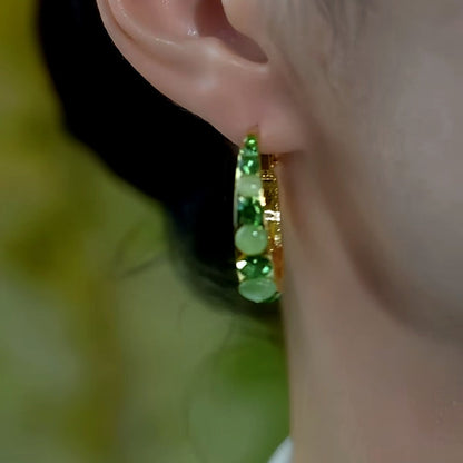 14K Gold-Plated Elegant Diamond Cat's Eye Stone Hoop Earrings