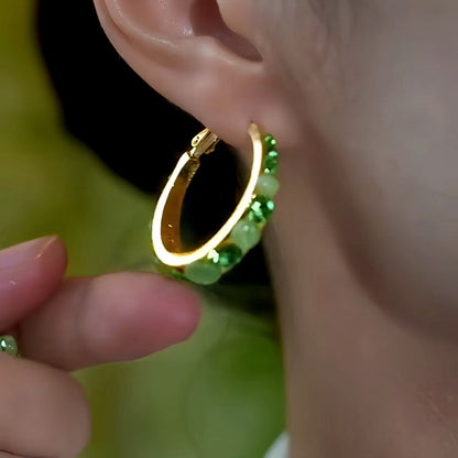 14K Gold-Plated Elegant Diamond Cat's Eye Stone Hoop Earrings
