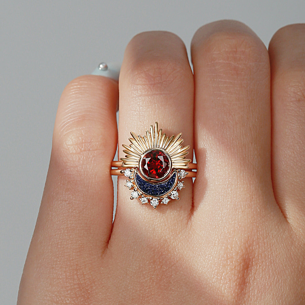 Retro Sun & Moon Engagement Ring Set 2pcs