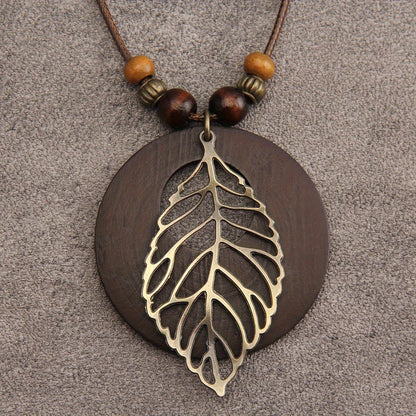 Bohemian Wax Rope Leaf Shaped Pendant Long Necklace