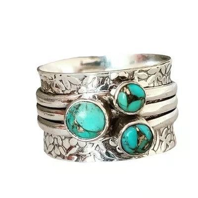 Bohemian Three Eyed Turquoise Hammer Pattern Ring
