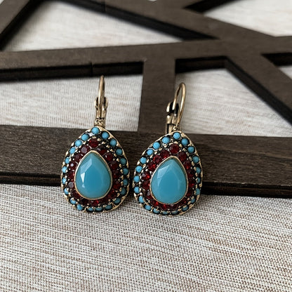 Vintage Turquoise Rhinestone Teardrop Resin Earrings