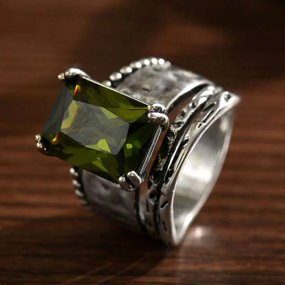 Vintage Bohemian Geometric Cut Zircon Silver Plated Ring