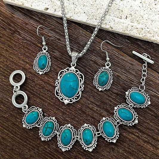 Vintage Bohemian Turquoise Floral Geometric Pattern Jewelry Set