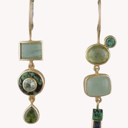 Vintage Geometric Green Stone Gold Drop Earrings