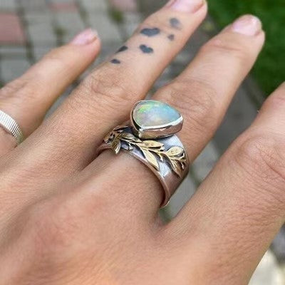 Leaf Geometric Opal Silver Ring