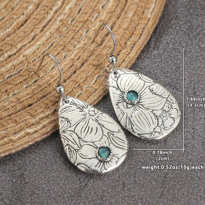 Retro Carved Flowers Drop Shape Turquoise Gemstone Hook Earrings