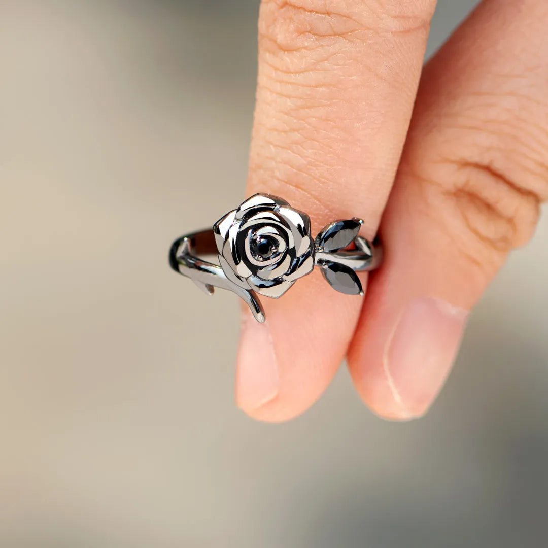 BURNED AND SURVIVED ENGRAVED BLACK ROSE RING