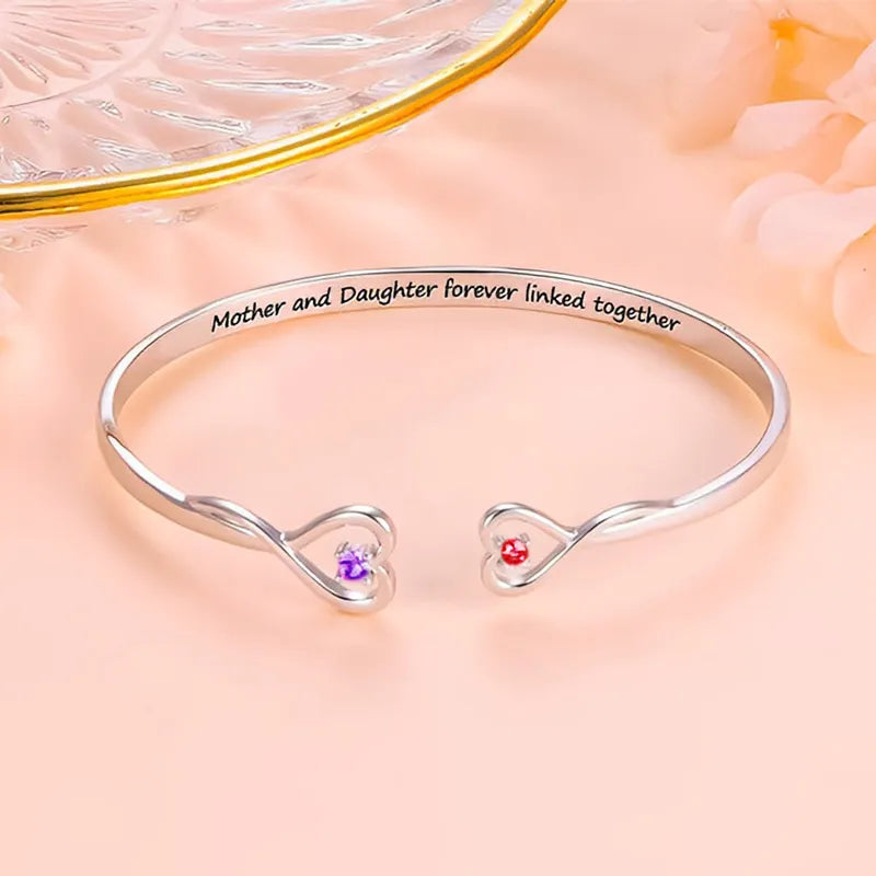 Mother & Daughter Forever Linked Together Double Heart Custom Birthstone Bracelet