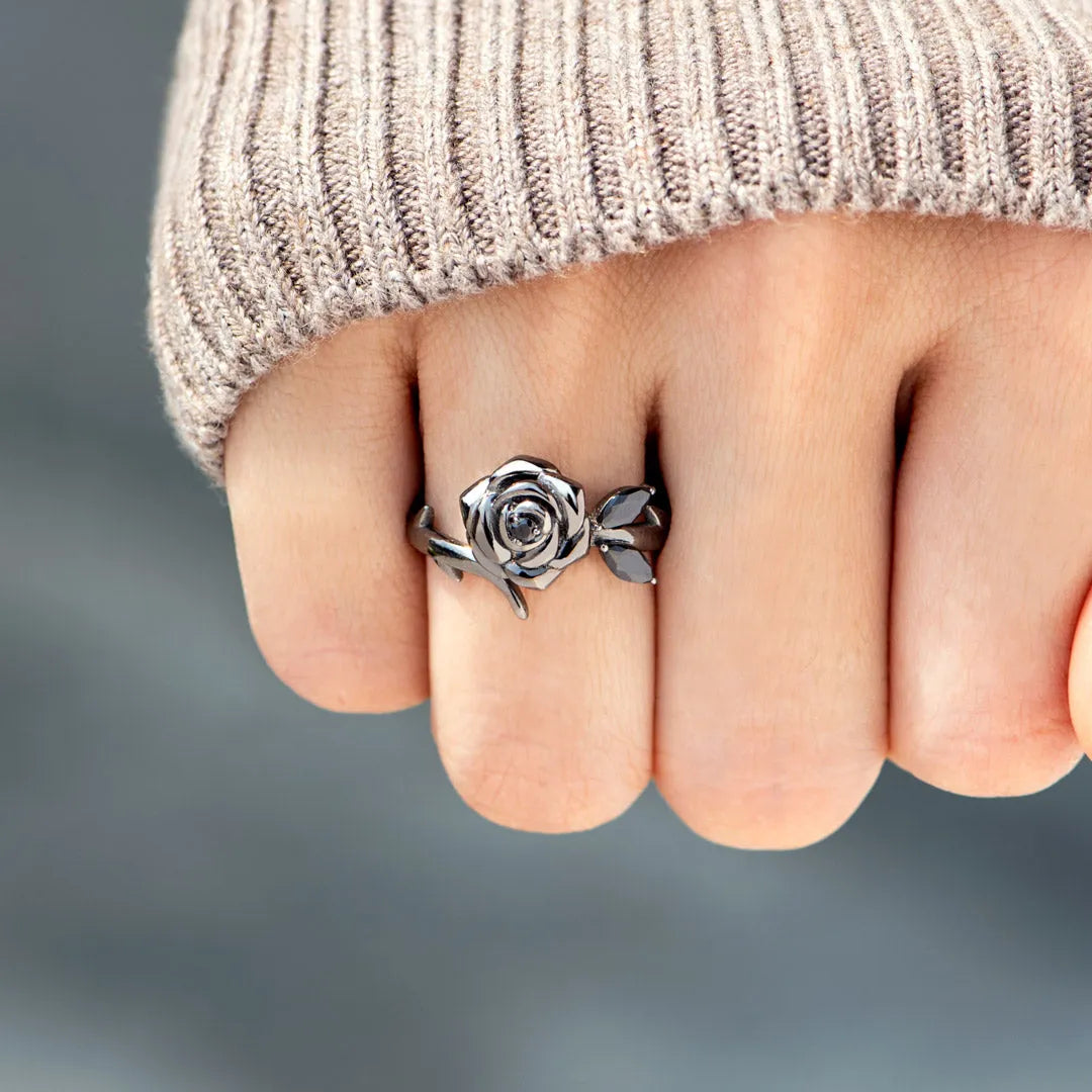 BURNED AND SURVIVED ENGRAVED BLACK ROSE RING