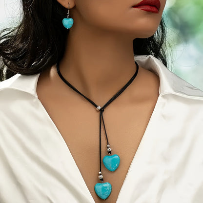 Vintage Bohemian Style Turquoise Heart Necklace and Earring Set
