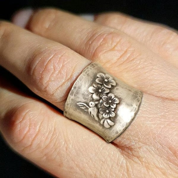 Bird Flower Wide Band Silver Ring