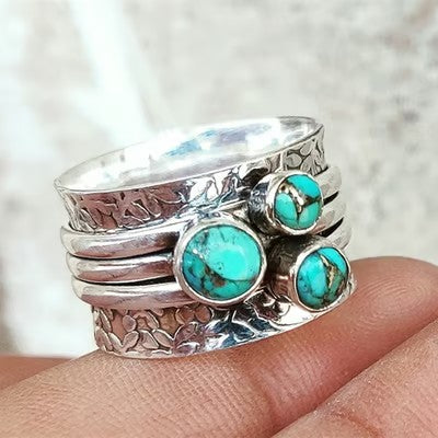 Bohemian Three Eyed Turquoise Hammer Pattern Ring