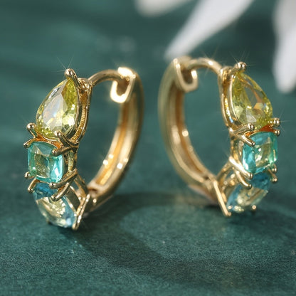 French Style Blue Green Zirconia Circular Earrings