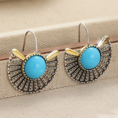 Bohemian Turquoise Gold Plated Fan Shape Hollow Hook Earrings