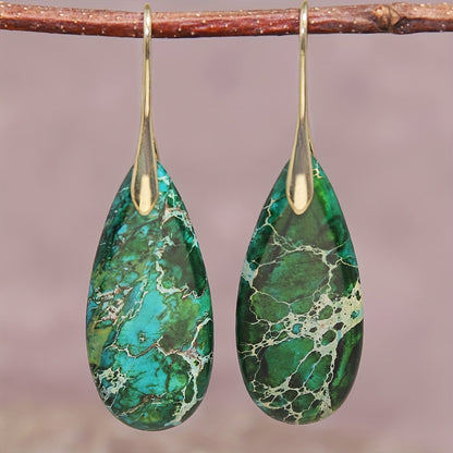 Bohemian Green Natural Stone Teardrop Earrings