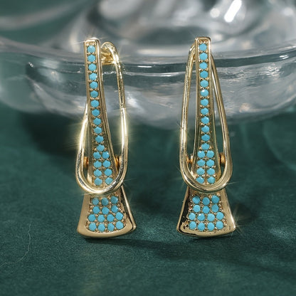 Elegant Gold Tone Synthetic Geometric Turquoise Earrings