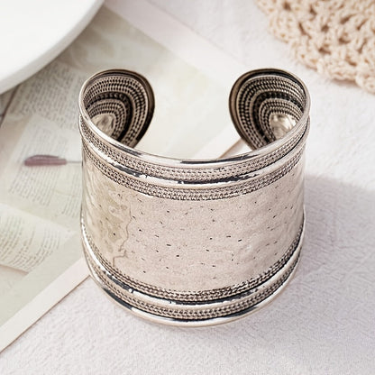 Vintage Boho Hammered Silver Plated Wide Cuff Bracelet