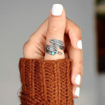 For Memorial S925 Guardian Angel Turquoise Feather Ring
