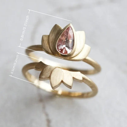 Elegant Vintage Pink Zirconia Inlay Lotus Flower Ring Set