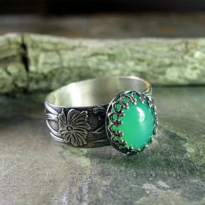 Carved Flower Emerald Silver Ring