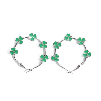 Vintage Bohemian Silver Plated Green Floral Hoop Earrings