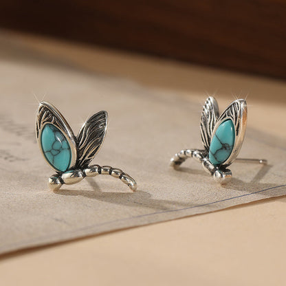 Vintage Turquoise Dragonfly Silver Plated Stud Earrings