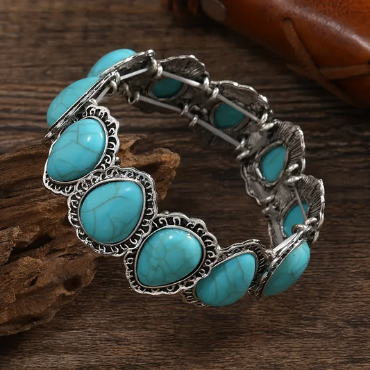 Vintage Turquoise Oval Silver Plated Statement Bracelet