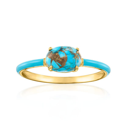 Vintage Enameled Geometric Oval Turquoise Gold Plated Ring