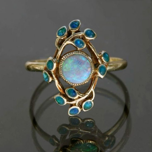Vintage Floral Design Opal & Blue Crystal Gold Ring