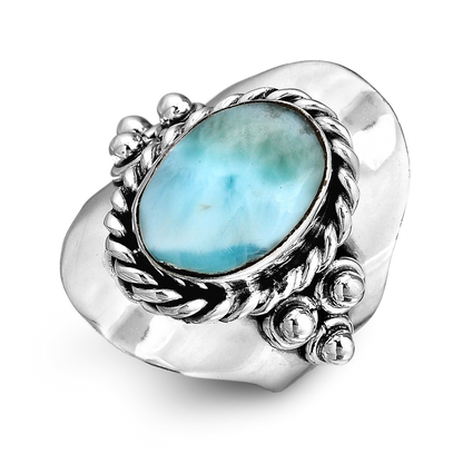 Vintage Style Oval Larimar Silver Boho Ring