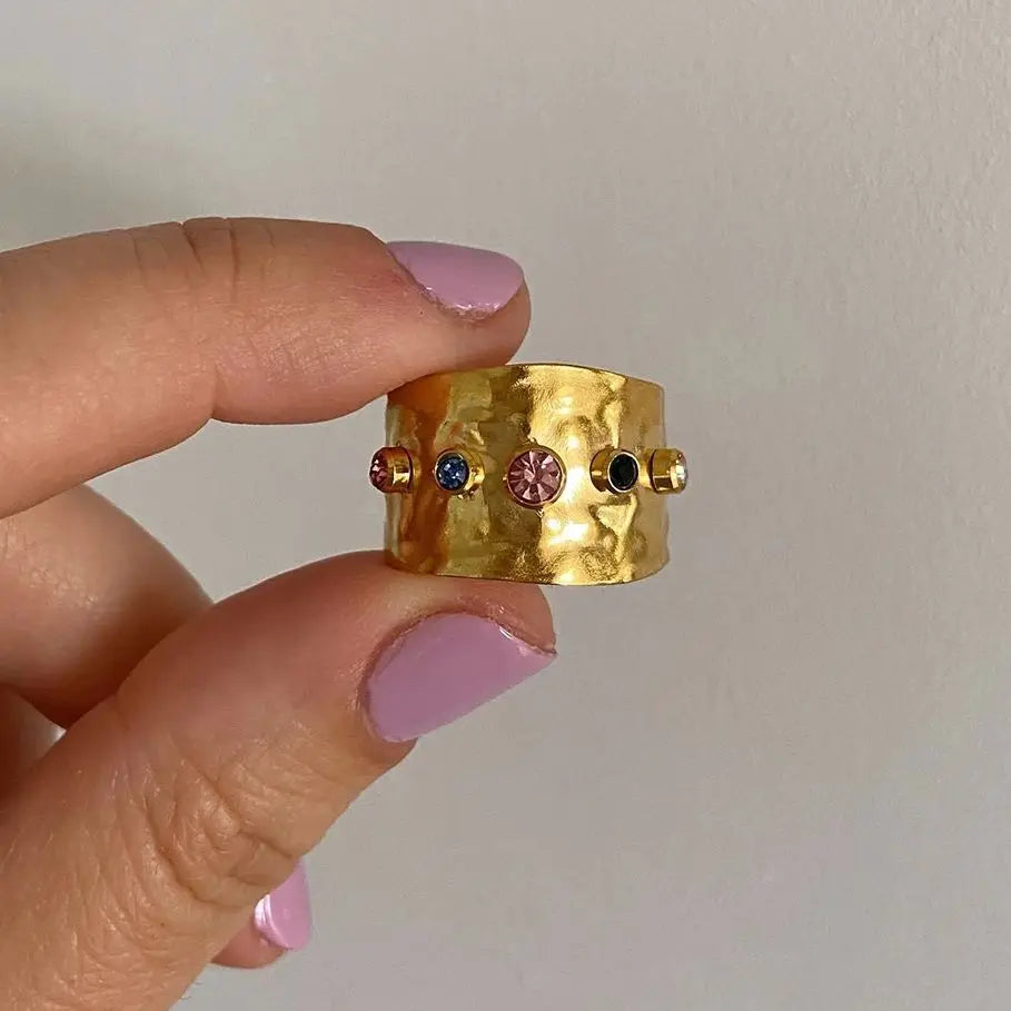 Adjustable Hammered Wide Rainbow Crystal Ring
