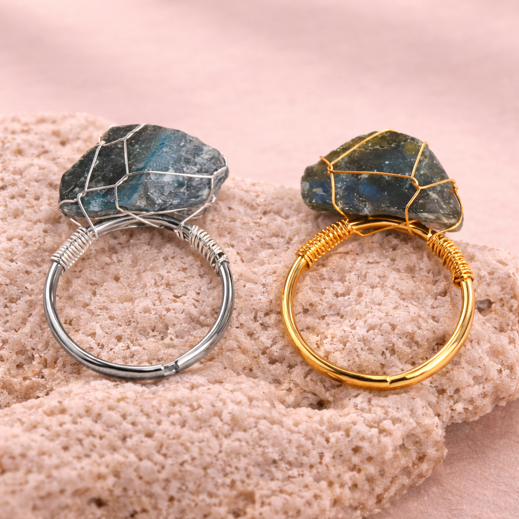 Wire Wrapped Raw Crystal Gold Rings