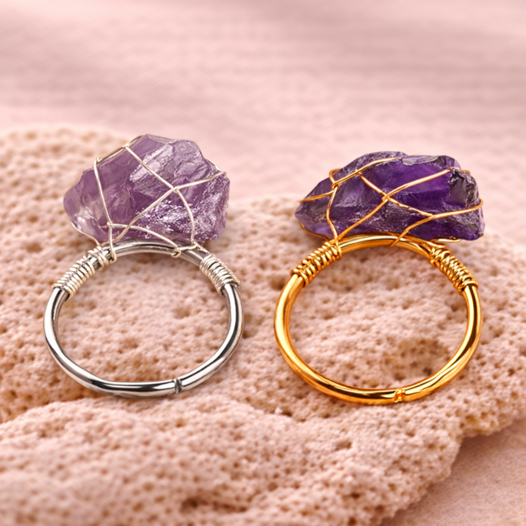 Wire Wrapped Raw Crystal Gold Rings