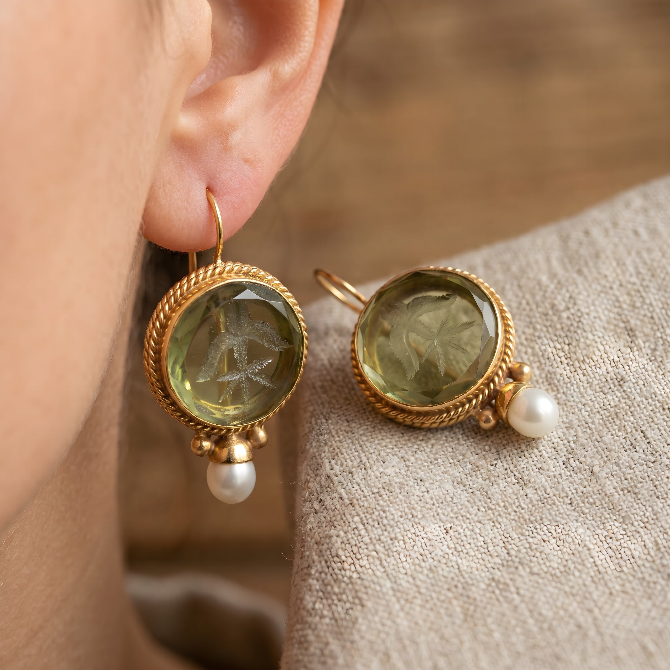Antique Rounded Green Stone Pearl Earrings