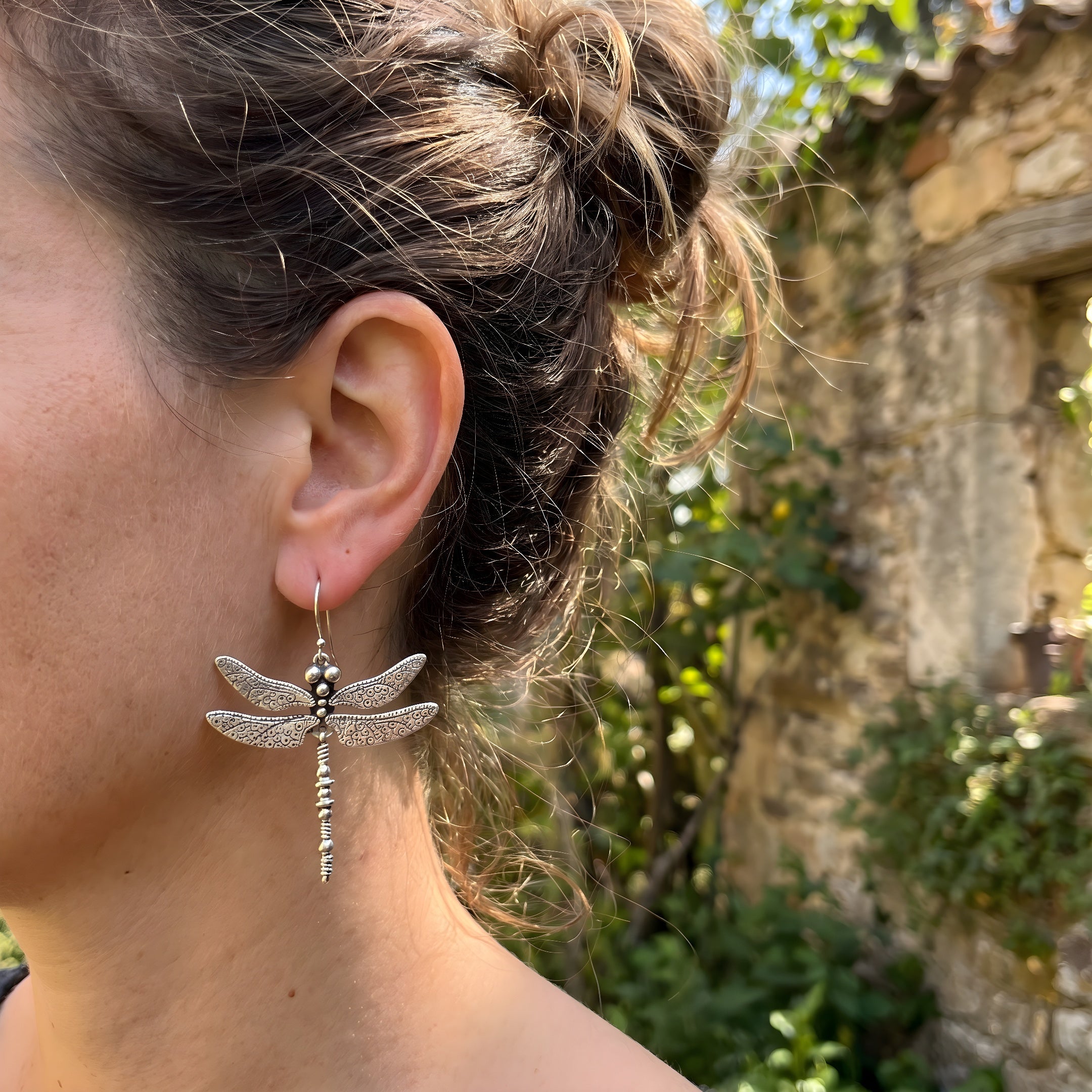 Silver Vintage Dragonfly Carved Pattern Retro Earrings