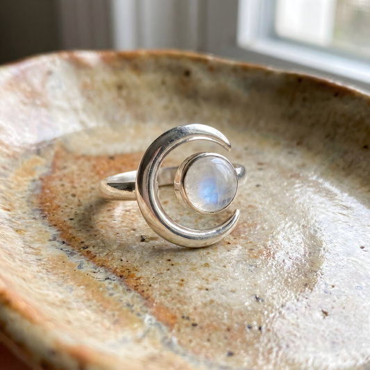 Crescent Moon Silver Moonstone Ring