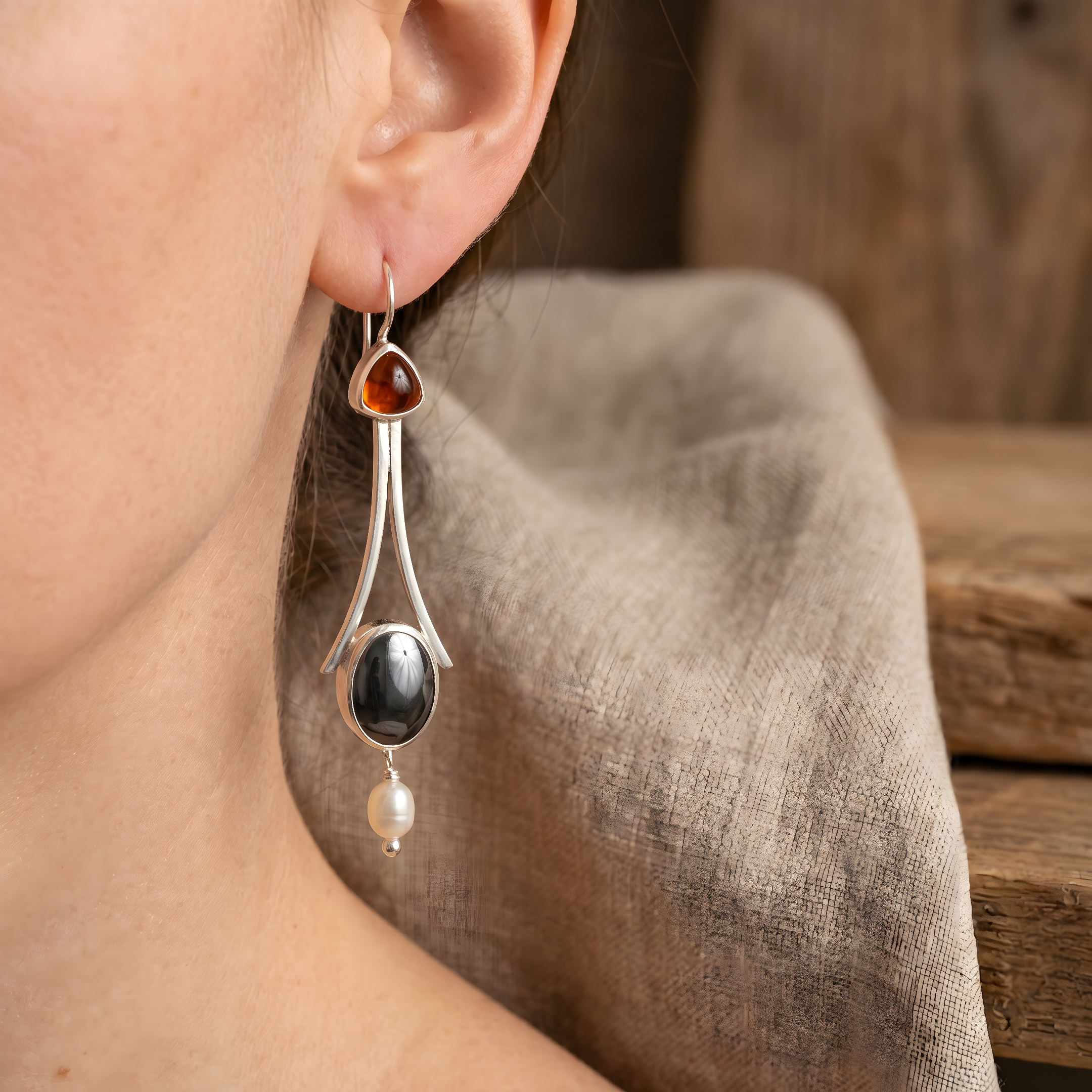 Silver Tri-Stone Pearl Drop Earrings
