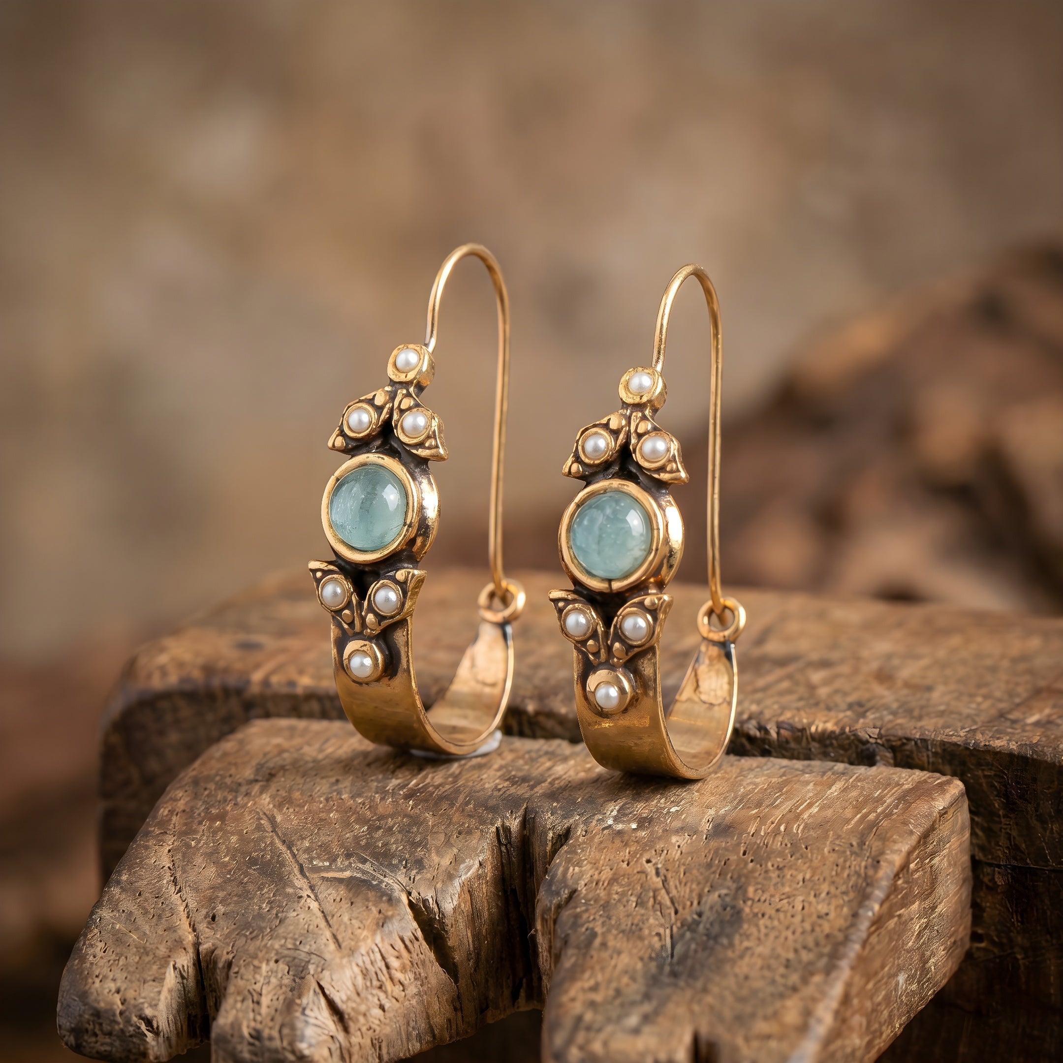 Vintage Mint Cabochon Pearl Hoops