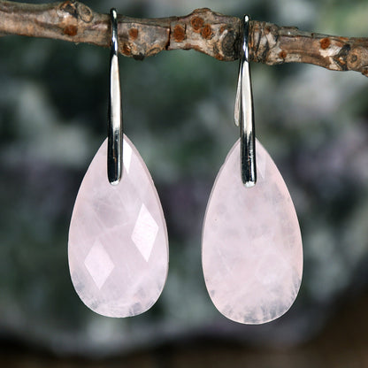 Elegant Natural Stone Rose Quartz Teardrop Earrings