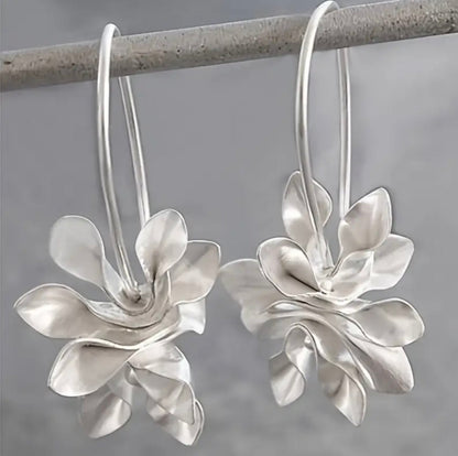 Elegant Silver Floral Hoop Drop Earrings