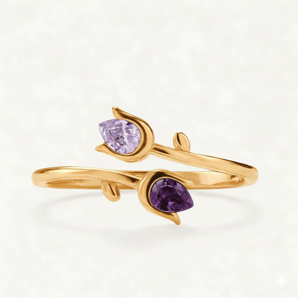 🌷Mother&Daughter Double Birthstones Tulip Ring