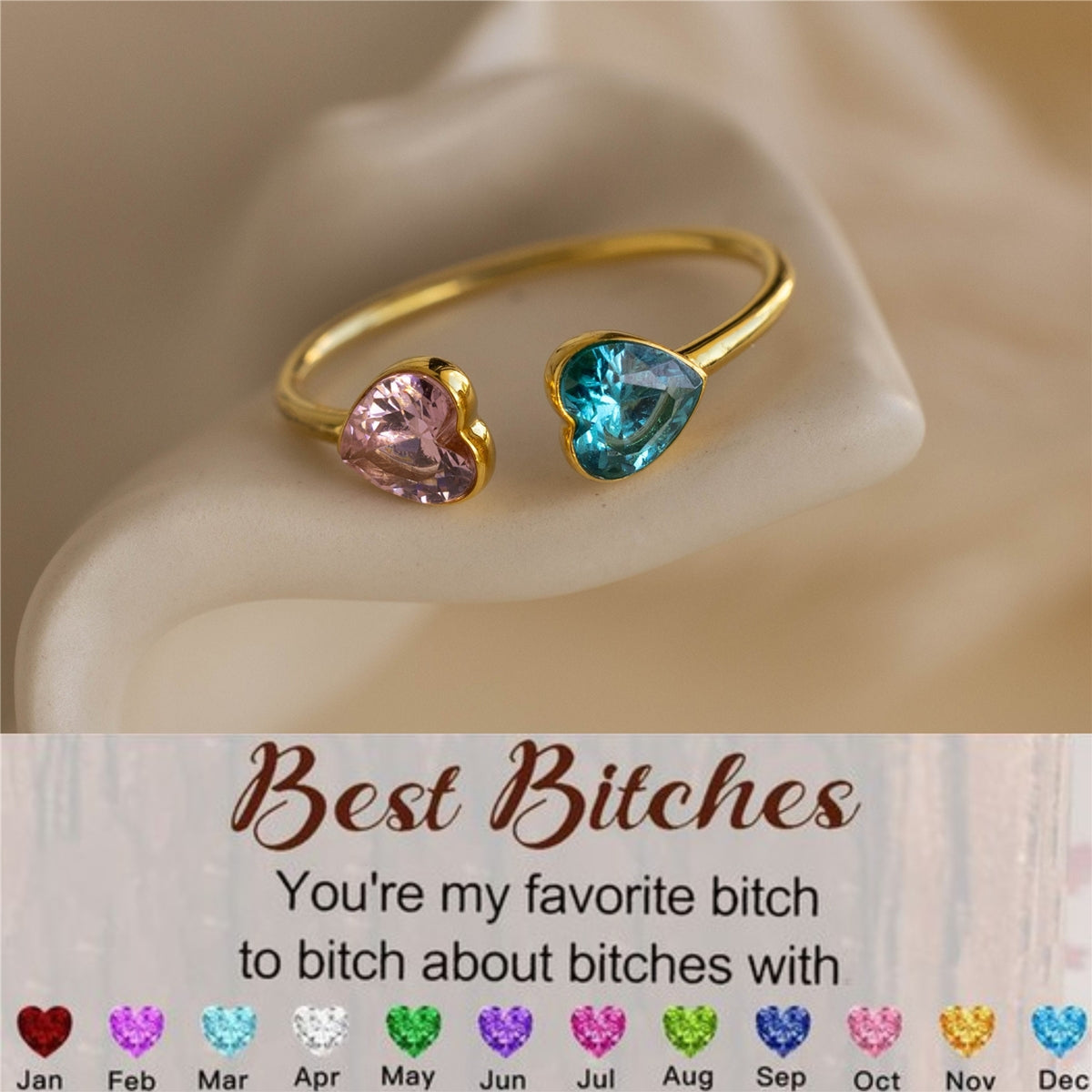FOR FRIEND- YOU'RE MY FAVORITE BITCH DOUBLE HEARTS CUSTOM BIRTHSTONES RING