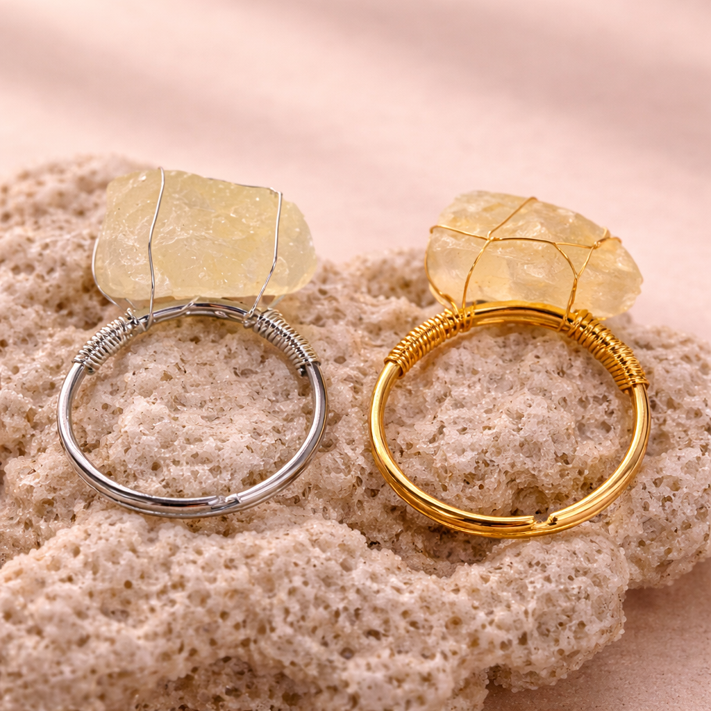 Wire Wrapped Raw Crystal Gold Rings