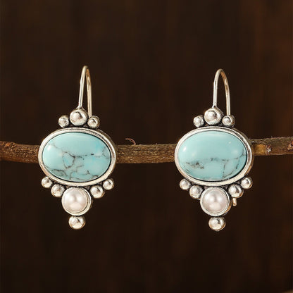 Vintage Silver Plated Turquoise & Pearl Drop Earrings