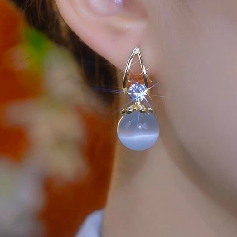 14K Gold-Plated French Diamond Cat's Eye Stone Earrings