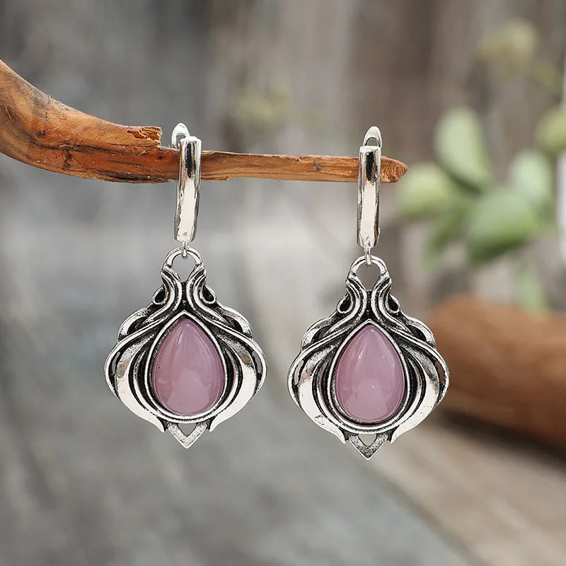 Vintage Victorian Style Water Droplet Inlaid with Pink Stones Earrings